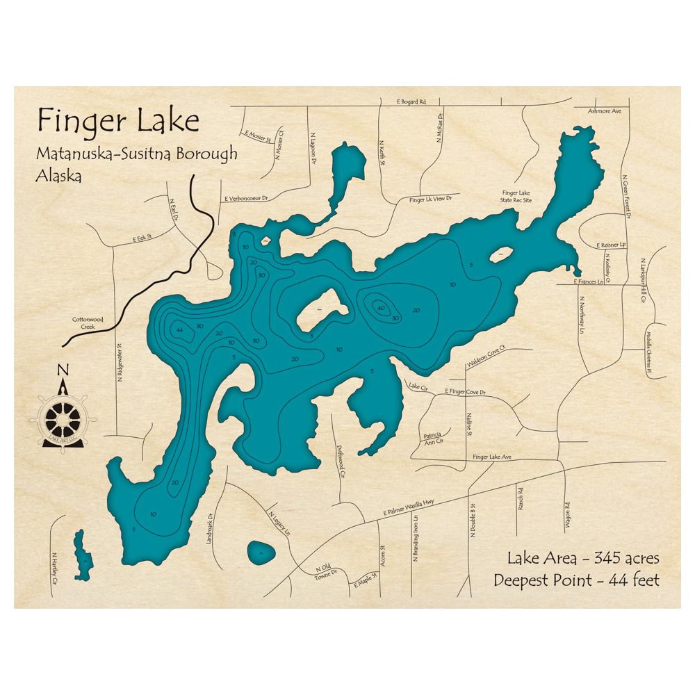 Bathymetric topo map of Finger Lake, AK with roads, towns and depths noted in blue water.