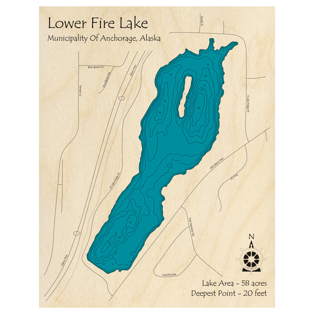 Bathymetric topo map of Lower Fire Lake, AK with roads, towns and depths noted in blue water.