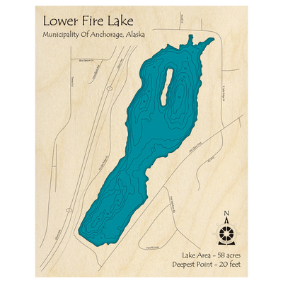 Bathymetric topo map of Lower Fire Lake, AK with roads, towns and depths noted in blue water.