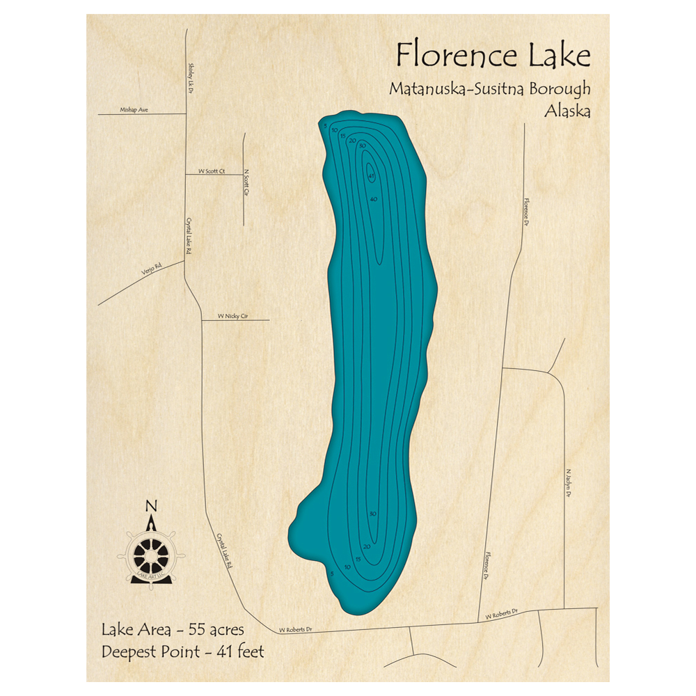 Bathymetric topo map of Florence Lake, AK with roads, towns and depths noted in blue water.