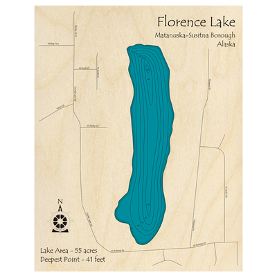 Bathymetric topo map of Florence Lake, AK with roads, towns and depths noted in blue water.