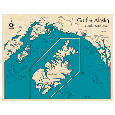 Bathymetric topo map of Gulf of Alaska, AK with roads, towns and depths noted in blue water.