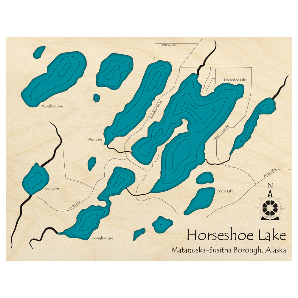 Bathymetric topo map of Horseshoe Lake, AK with roads, towns and depths noted in blue water.