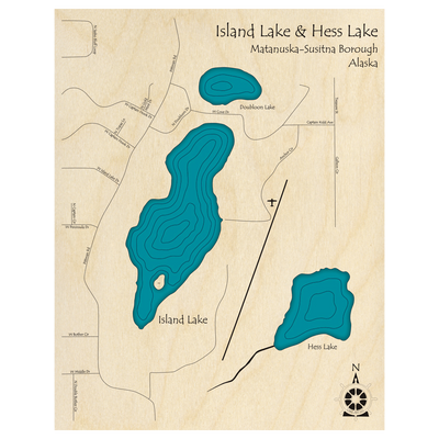 Bathymetric topo map of Island Lake and Hess Lake, AK with roads, towns and depths noted in blue water.