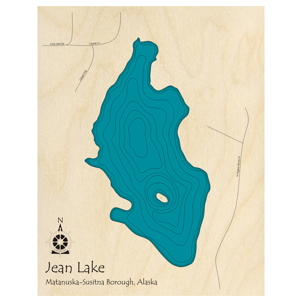 Bathymetric topo map of Jean Lake, AK with roads, towns and depths noted in blue water.