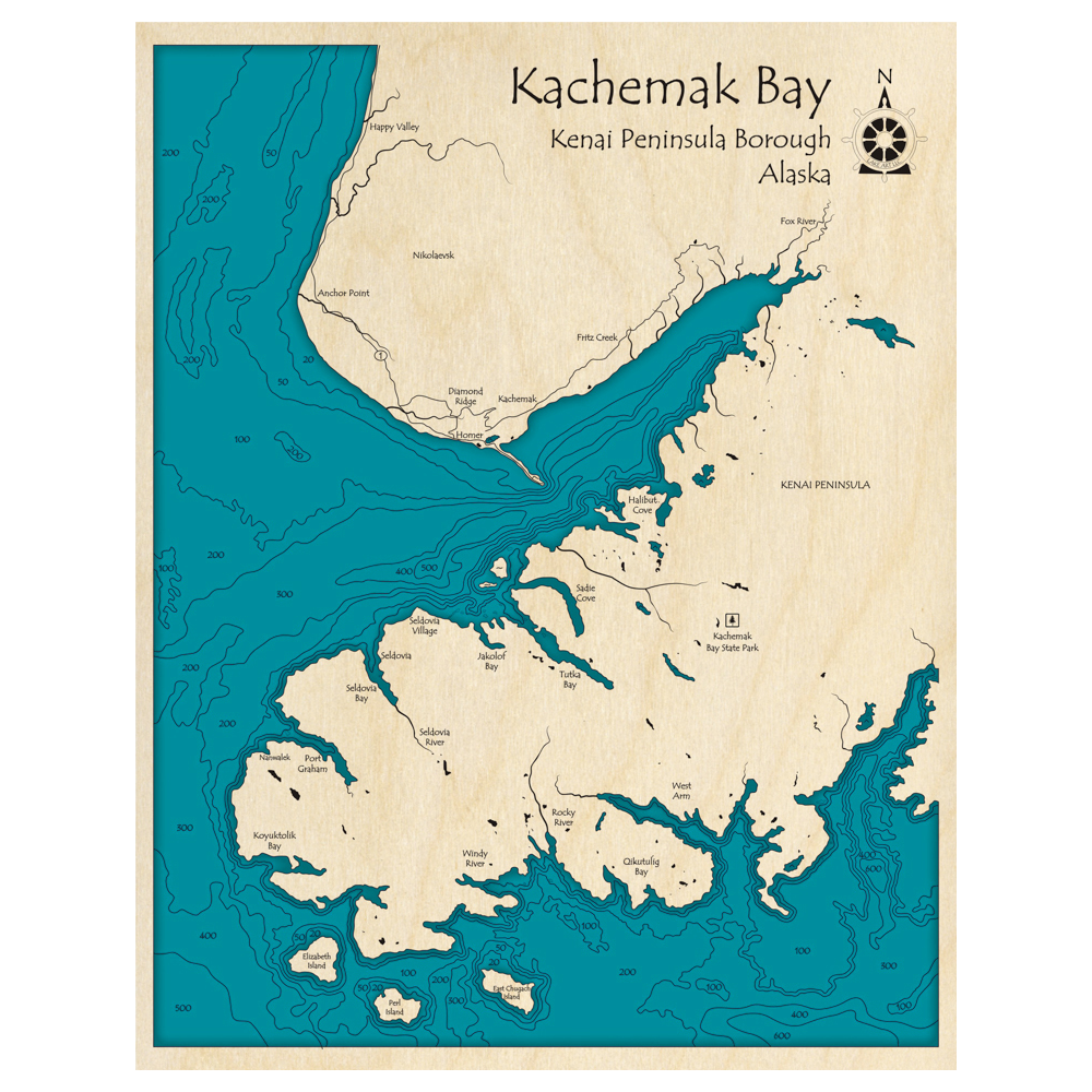 Bathymetric topo map of Kachemak Bay, AK with roads, towns and depths noted in blue water.