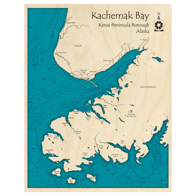 Bathymetric topo map of Kachemak Bay, AK with roads, towns and depths noted in blue water.