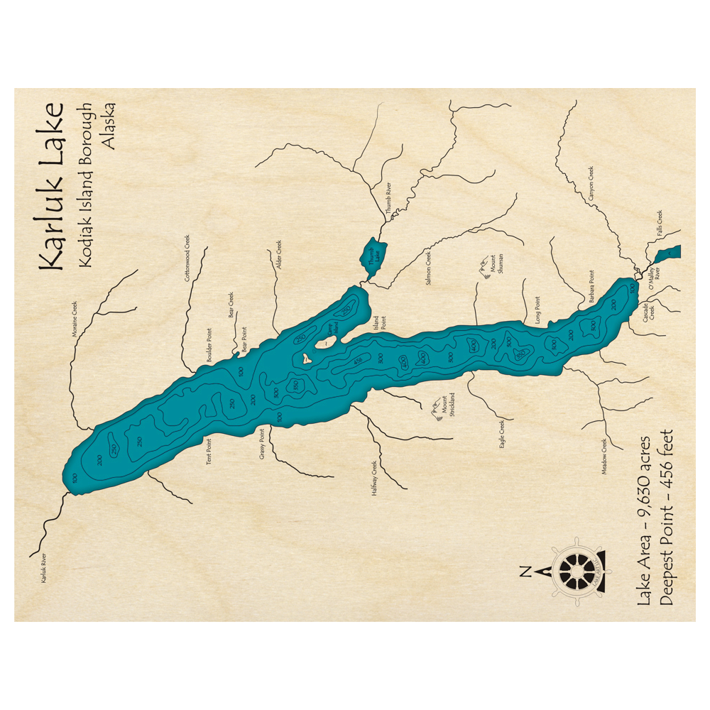 Bathymetric topo map of Karluk Lake, AK with roads, towns and depths noted in blue water.