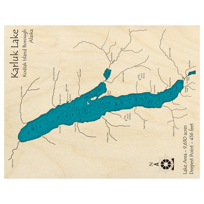 Bathymetric topo map of Karluk Lake, AK with roads, towns and depths noted in blue water.