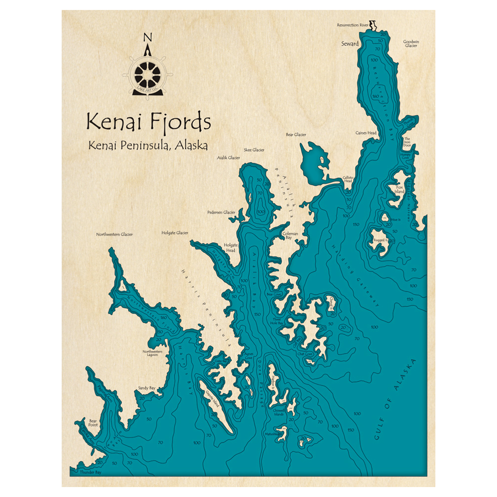 Bathymetric topo map of Kenai Fjords, AK with roads, towns and depths noted in blue water.