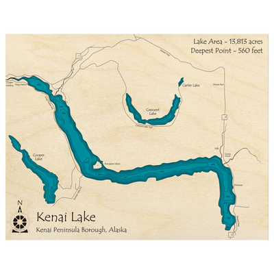 Bathymetric topo map of Kenai Lake, AK with roads, towns and depths noted in blue water.