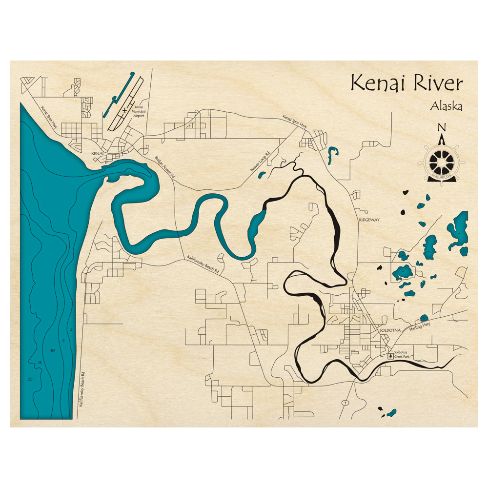 Bathymetric topo map of Kenai River, AK with roads, towns and depths noted in blue water.