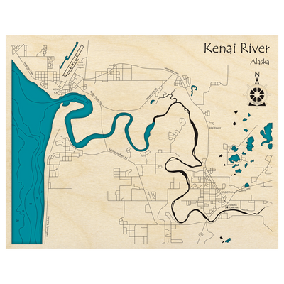 Bathymetric topo map of Kenai River, AK with roads, towns and depths noted in blue water.