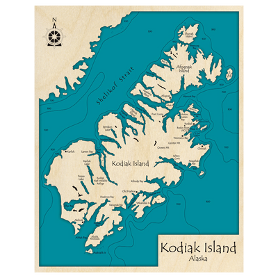 Bathymetric topo map of Kodiak Island, AK with roads, towns and depths noted in blue water.
