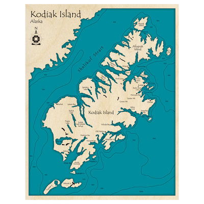 Bathymetric topo map of Kodiak Island, AK with roads, towns and depths noted in blue water.