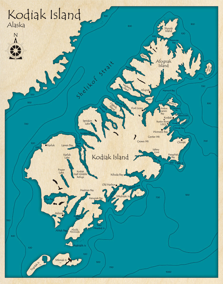 Bathymetric topo map of Kodiak Island, AK with roads, towns and depths noted in blue water.
