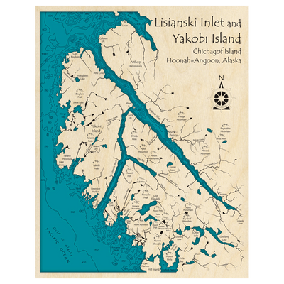 Bathymetric topo map of Lisianski Inlet and Yakobi Island, AK with roads, towns and depths noted in blue water.