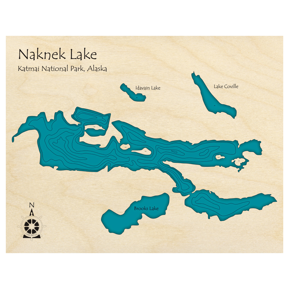 Bathymetric topo map of Naknek Lake, AK with roads, towns and depths noted in blue water.