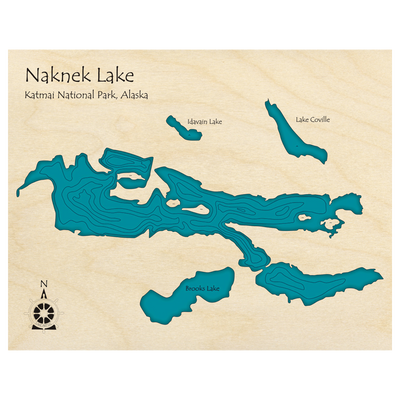 Bathymetric topo map of Naknek Lake, AK with roads, towns and depths noted in blue water.