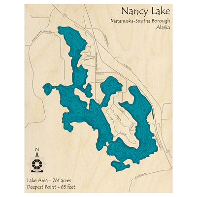 Bathymetric topo map of Nancy Lake, AK with roads, towns and depths noted in blue water.