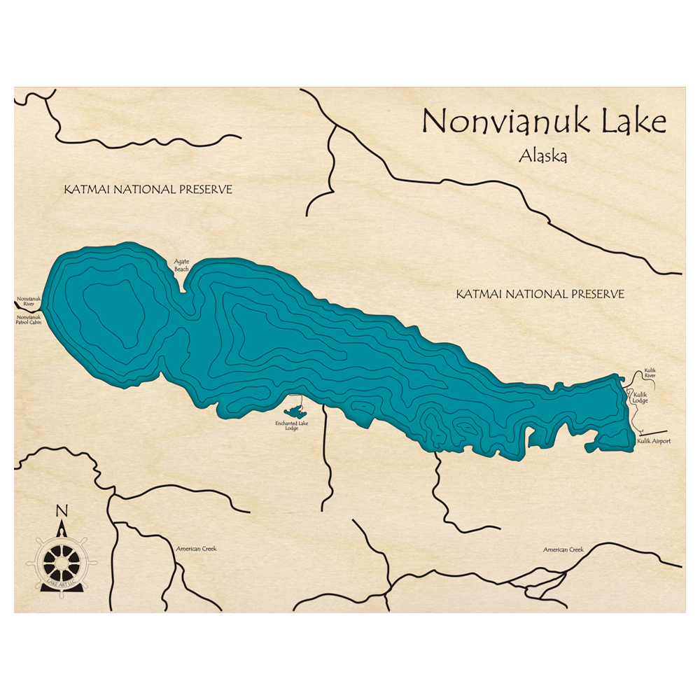 Bathymetric topo map of Nonvianuk Lake, AK with roads, towns and depths noted in blue water.