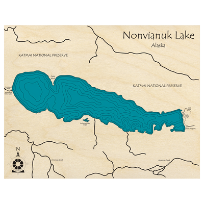 Bathymetric topo map of Nonvianuk Lake, AK with roads, towns and depths noted in blue water.