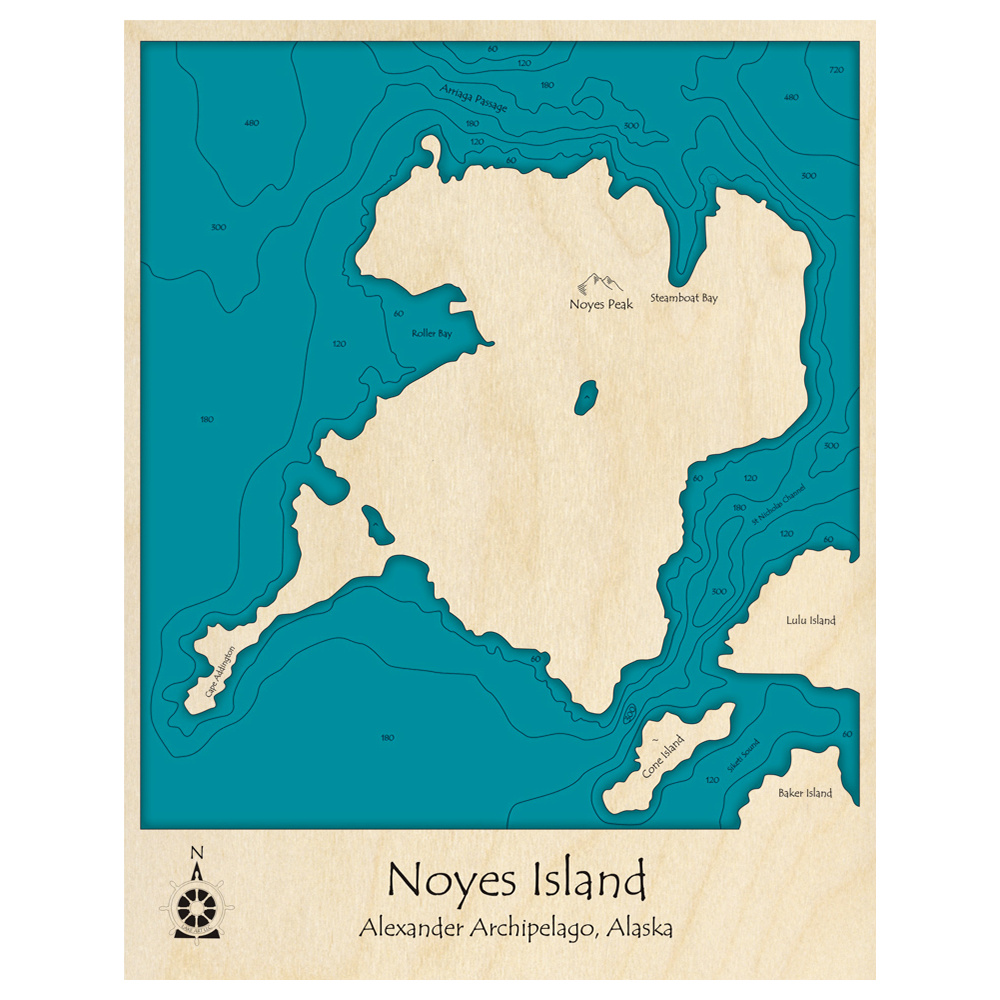 Bathymetric topo map of Noyes Island, AK with roads, towns and depths noted in blue water.