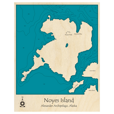 Bathymetric topo map of Noyes Island, AK with roads, towns and depths noted in blue water.