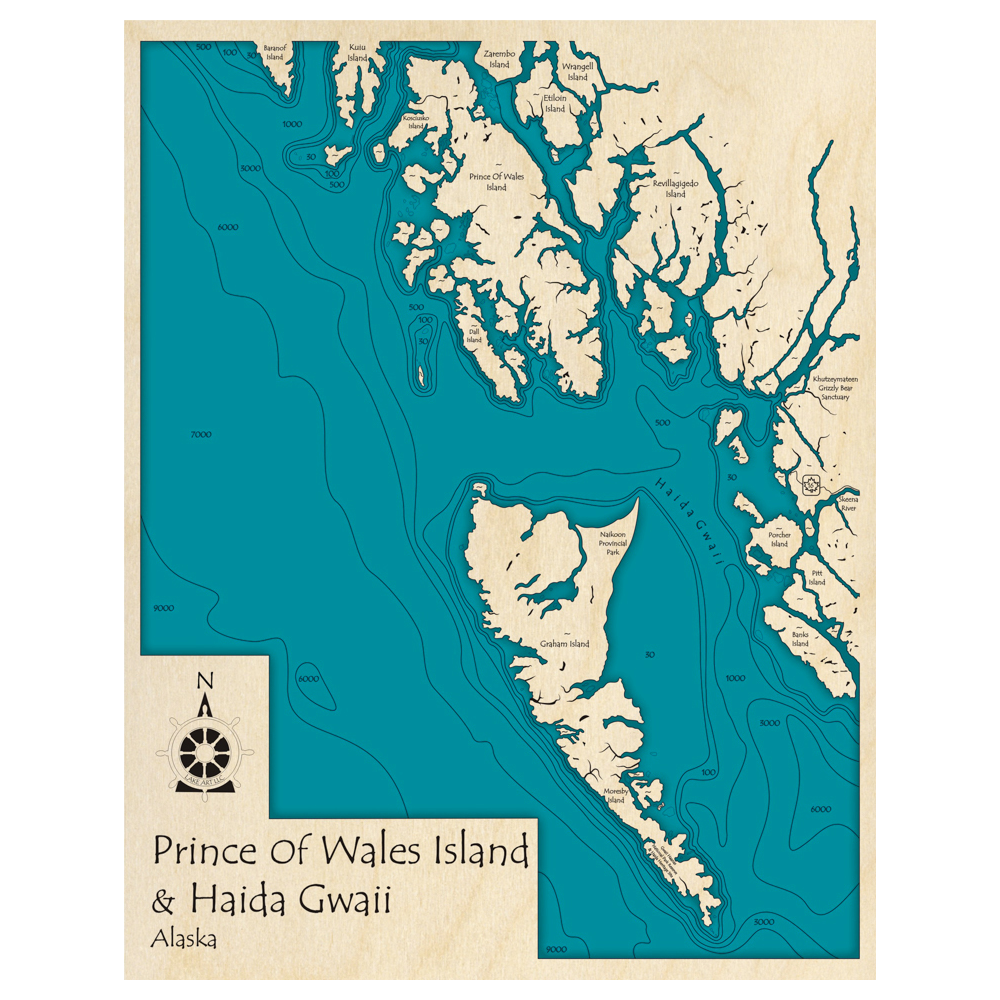 Bathymetric topo map of Prince Of Wales and Haida Gwai, AK with roads, towns and depths noted in blue water.