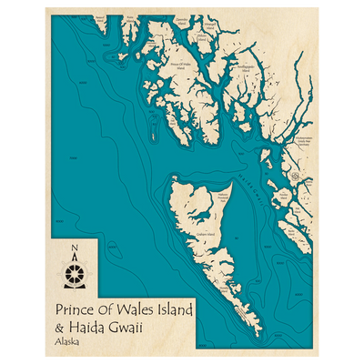 Bathymetric topo map of Prince Of Wales and Haida Gwai, AK with roads, towns and depths noted in blue water.