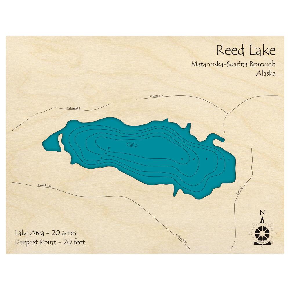 Bathymetric topo map of Reed Lake, AK with roads, towns and depths noted in blue water.