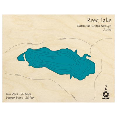 Bathymetric topo map of Reed Lake, AK with roads, towns and depths noted in blue water.