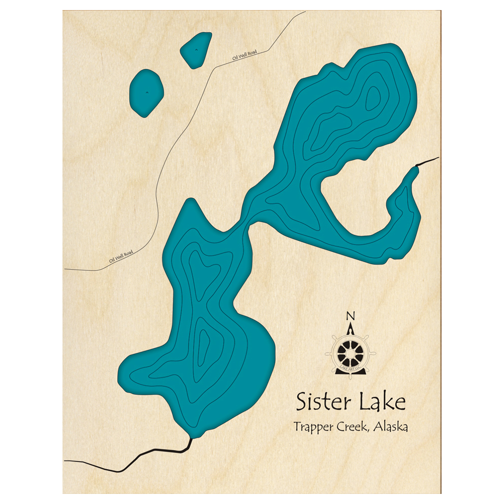 Bathymetric topo map of Sister Lake, AK with roads, towns and depths noted in blue water.