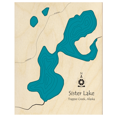 Bathymetric topo map of Sister Lake, AK with roads, towns and depths noted in blue water.