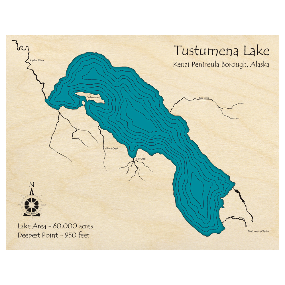 Bathymetric topo map of Tustumena Lake, AK with roads, towns and depths noted in blue water.