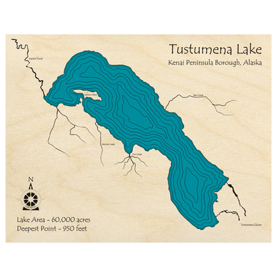 Bathymetric topo map of Tustumena Lake, AK with roads, towns and depths noted in blue water.