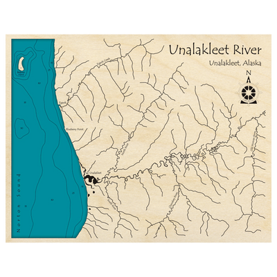Bathymetric topo map of Unalakleet River Region, AK with roads, towns and depths noted in blue water.