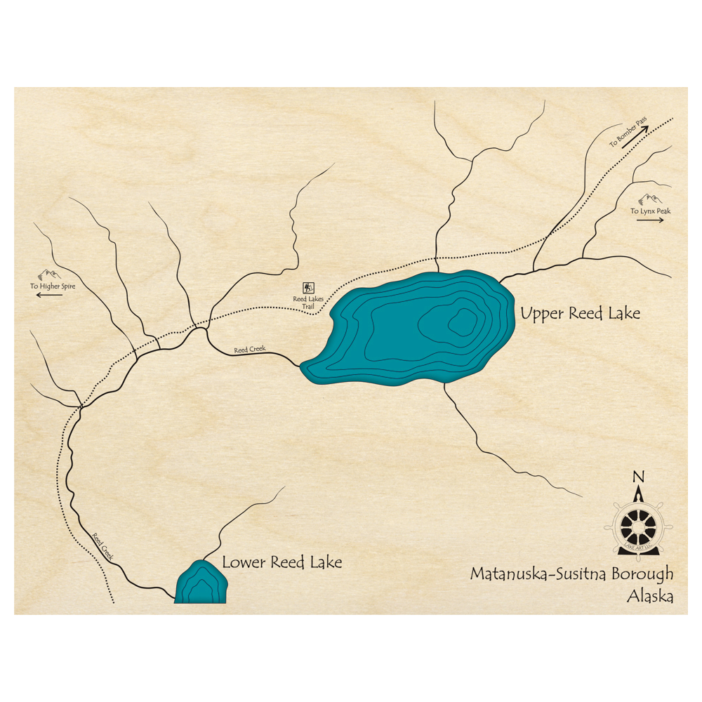 Bathymetric topo map of Upper Reed Lake, AK with roads, towns and depths noted in blue water.