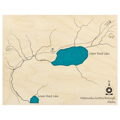 Bathymetric topo map of Upper Reed Lake, AK with roads, towns and depths noted in blue water.