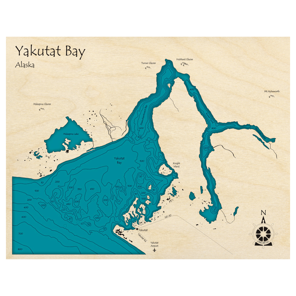Bathymetric topo map of Yakutat Bay, AK with roads, towns and depths noted in blue water.