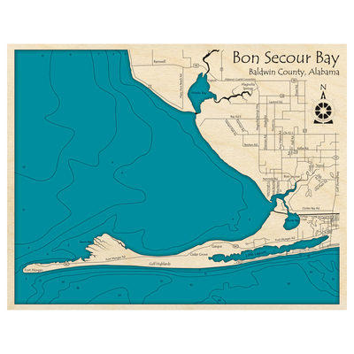Bathymetric topo map of Bon Secour Bay, AL with roads, towns and depths noted in blue water.