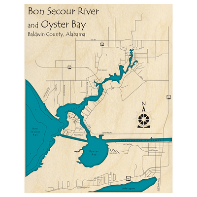 Bathymetric topo map of Bon Secour River and Oyster Bay, AL with roads, towns and depths noted in blue water.