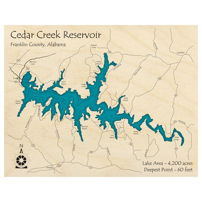 Bathymetric topo map of Cedar Creek Reservoir, AL with roads, towns and depths noted in blue water.
