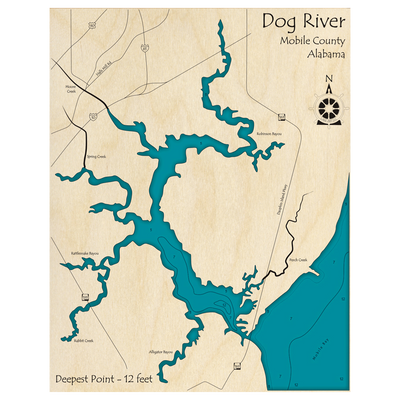 Bathymetric topo map of Dog River, AL with roads, towns and depths noted in blue water.
