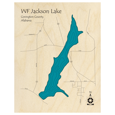 Bathymetric topo map of Lake Frank Jackson, AL with roads, towns and depths noted in blue water.