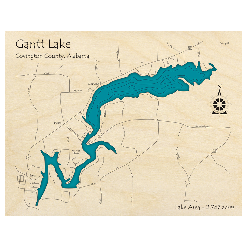 Bathymetric topo map of Gantt Lake, AL with roads, towns and depths noted in blue water.