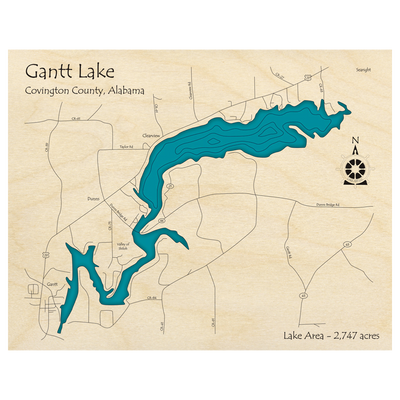 Bathymetric topo map of Gantt Lake, AL with roads, towns and depths noted in blue water.