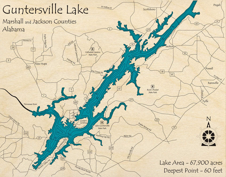 Bathymetric topo map of Guntersville Lake, AL with roads, towns and depths noted in blue water.