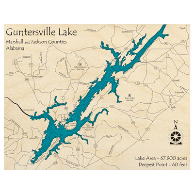 Bathymetric topo map of Guntersville Lake, AL with roads, towns and depths noted in blue water.