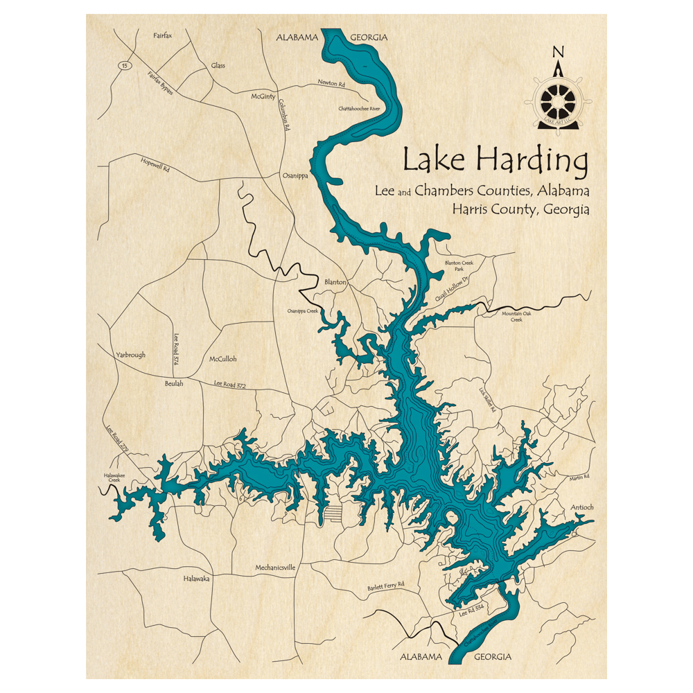 Bathymetric topo map of Lake Harding (AL, GA) with roads, towns and depths noted in blue water.